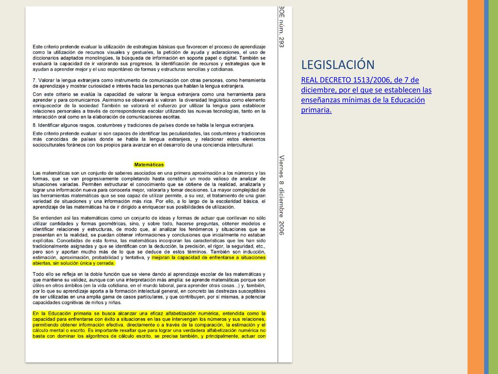 LEGISLACIÓN REAL DECRETO 1513/2006, de 7 de diciembre, por el que se establecen las enseñanzas mínimas de la Educación primaria.