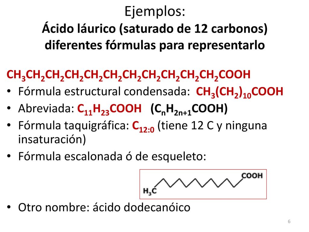 Ejemplos: Ácido láurico (saturado de 12 carbonos) diferentes fórmulas para representarlo