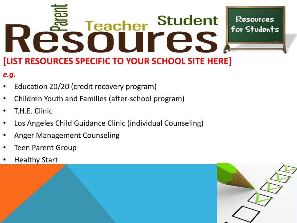 [LIST RESOURCES SPECIFIC TO YOUR SCHOOL SITE HERE]