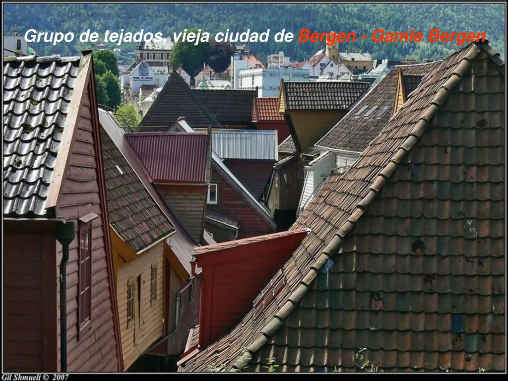 Grupo de tejados, vieja ciudad de Bergen - Gamle Bergen