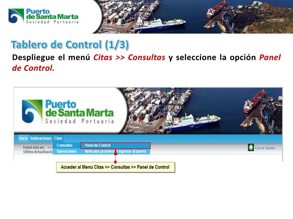 Tablero de Control (1/3) Despliegue el menú Citas >> Consultas y seleccione la opción Panel de Control.