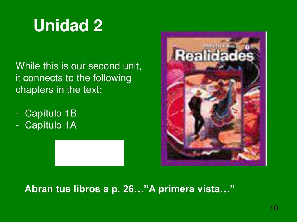 Unidad 2 While this is our second unit, it connects to the following chapters in the text: Capítulo 1B.
