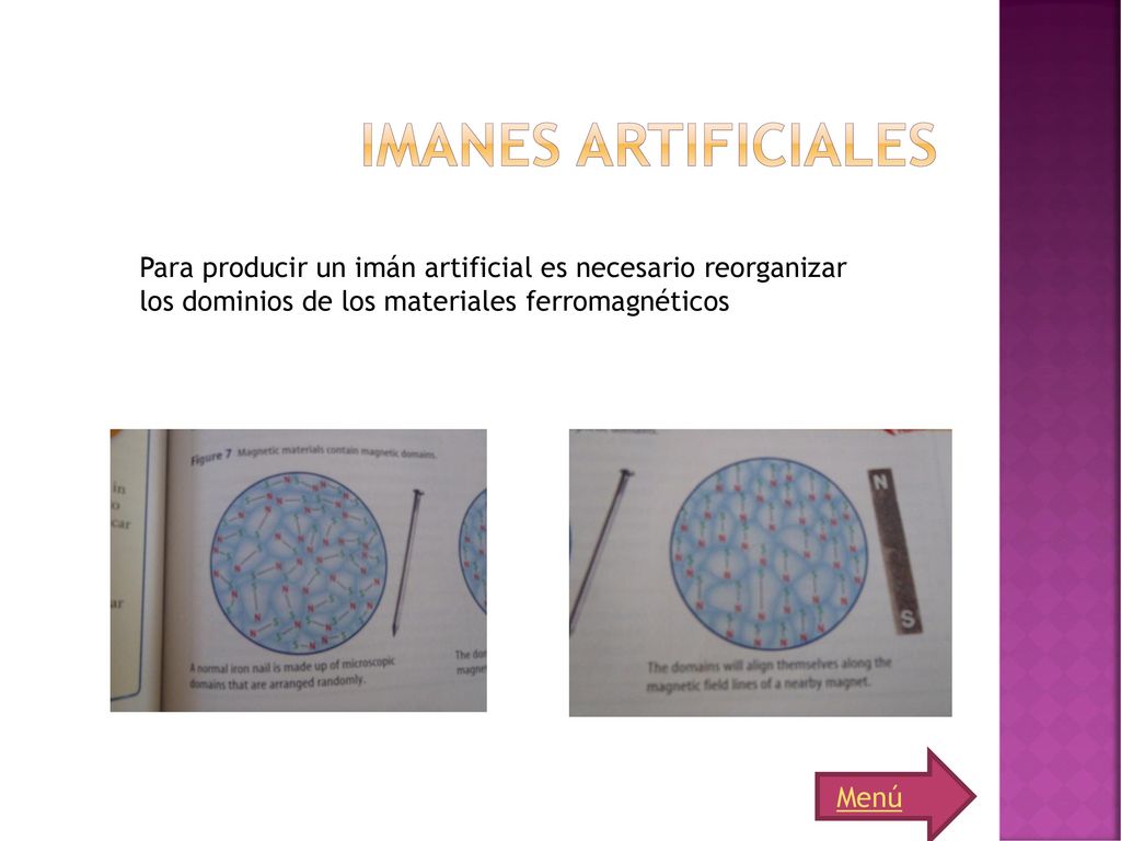 Imanes artificiales Para producir un imán artificial es necesario reorganizar los dominios de los materiales ferromagnéticos.