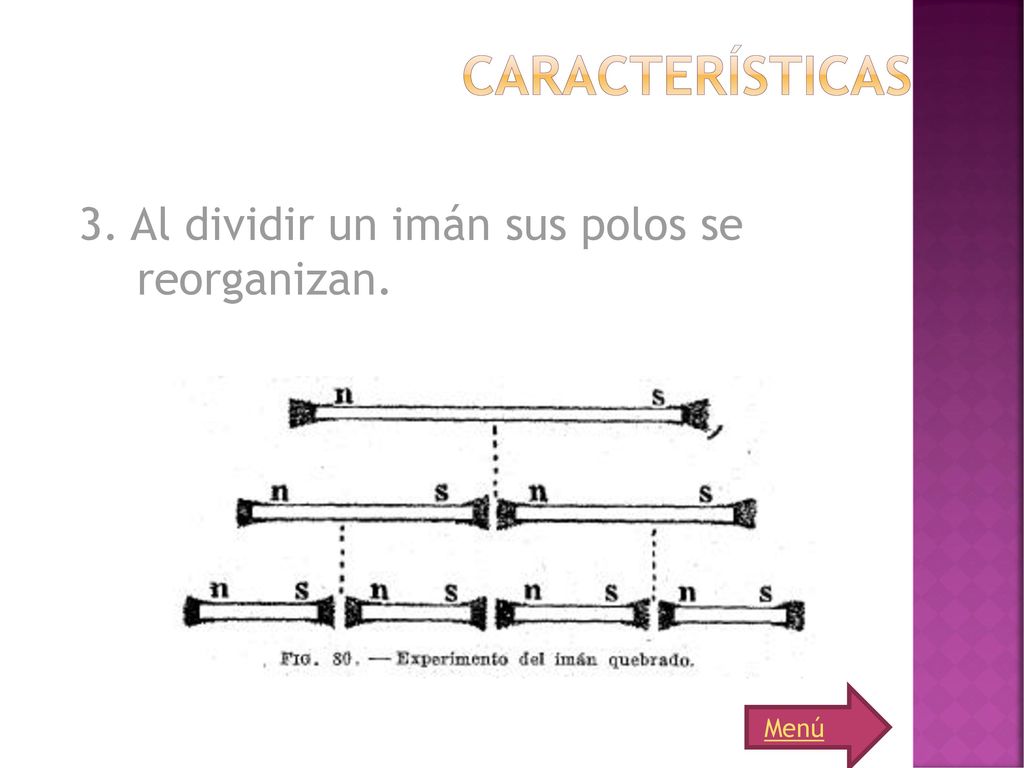 Características 3. Al dividir un imán sus polos se reorganizan. Menú