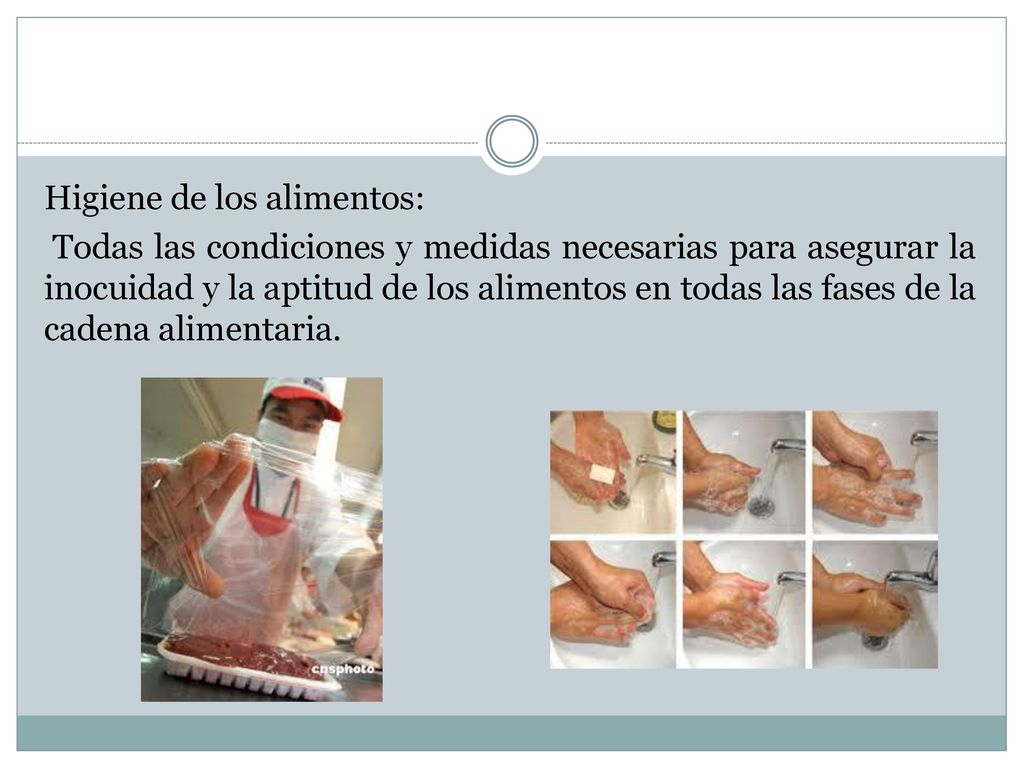 Higiene de los alimentos: Todas las condiciones y medidas necesarias para asegurar la inocuidad y la aptitud de los alimentos en todas las fases de la cadena alimentaria.
