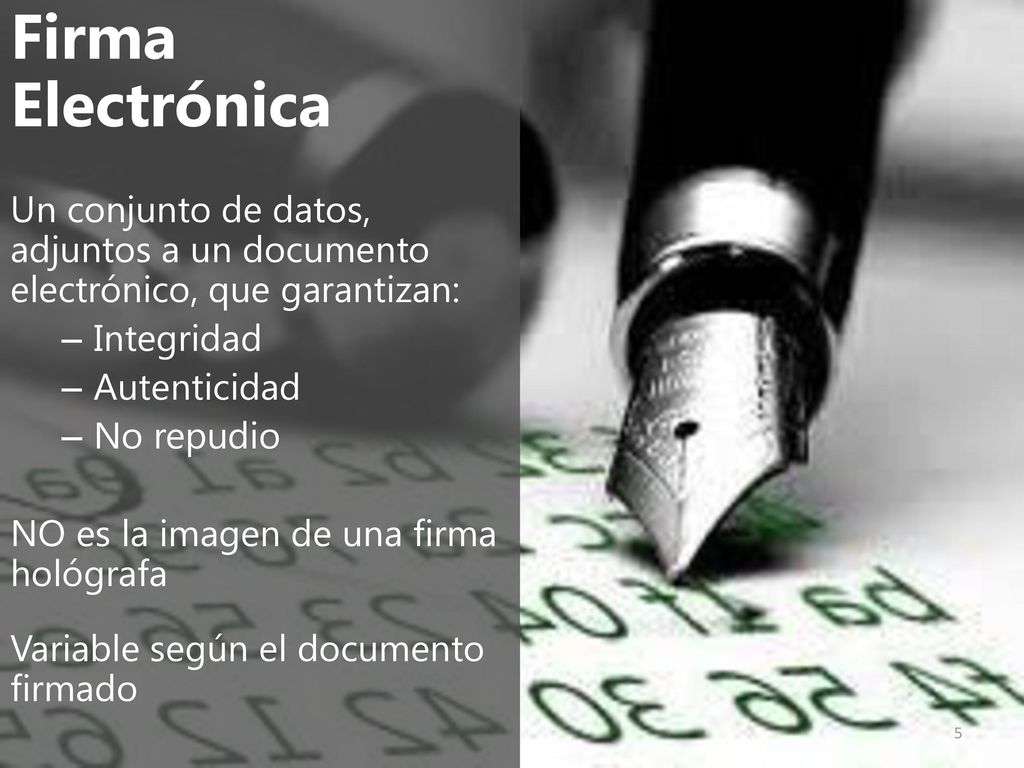 Firma Electrónica Un conjunto de datos, adjuntos a un documento electrónico, que garantizan: Integridad.