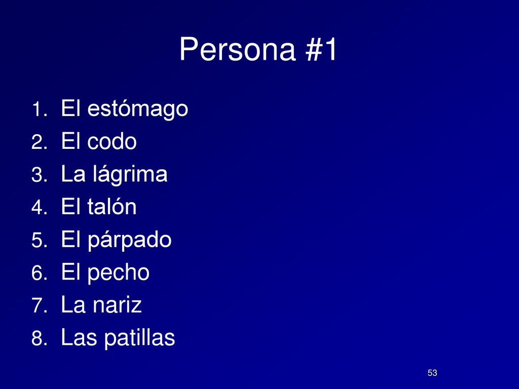 Persona #1 El estómago El codo La lágrima El talón El párpado El pecho