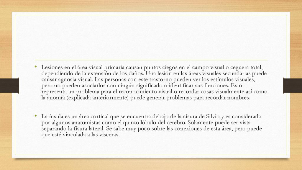 Lesiones en el área visual primaria causan puntos ciegos en el campo visual o ceguera total, dependiendo de la extensión de los daños. Una lesión en las áreas visuales secundarias puede causar agnosia visual. Las personas con este trastorno pueden ver los estímulos visuales, pero no pueden asociarlos con ningún significado o identificar sus funciones. Esto representa un problema para el reconocimiento visual o recordar cosas visualmente así como la anomía (explicada anteriormente) puede generar problemas para recordar nombres.