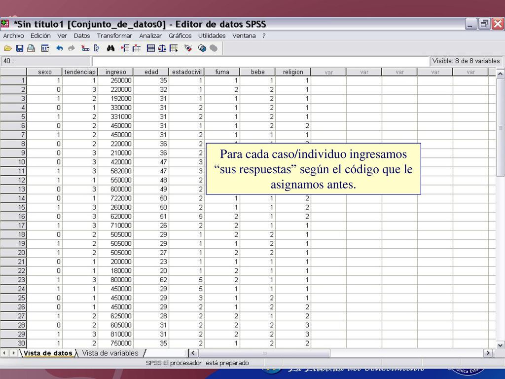 Para cada caso/individuo ingresamos sus respuestas según el código que le asignamos antes.