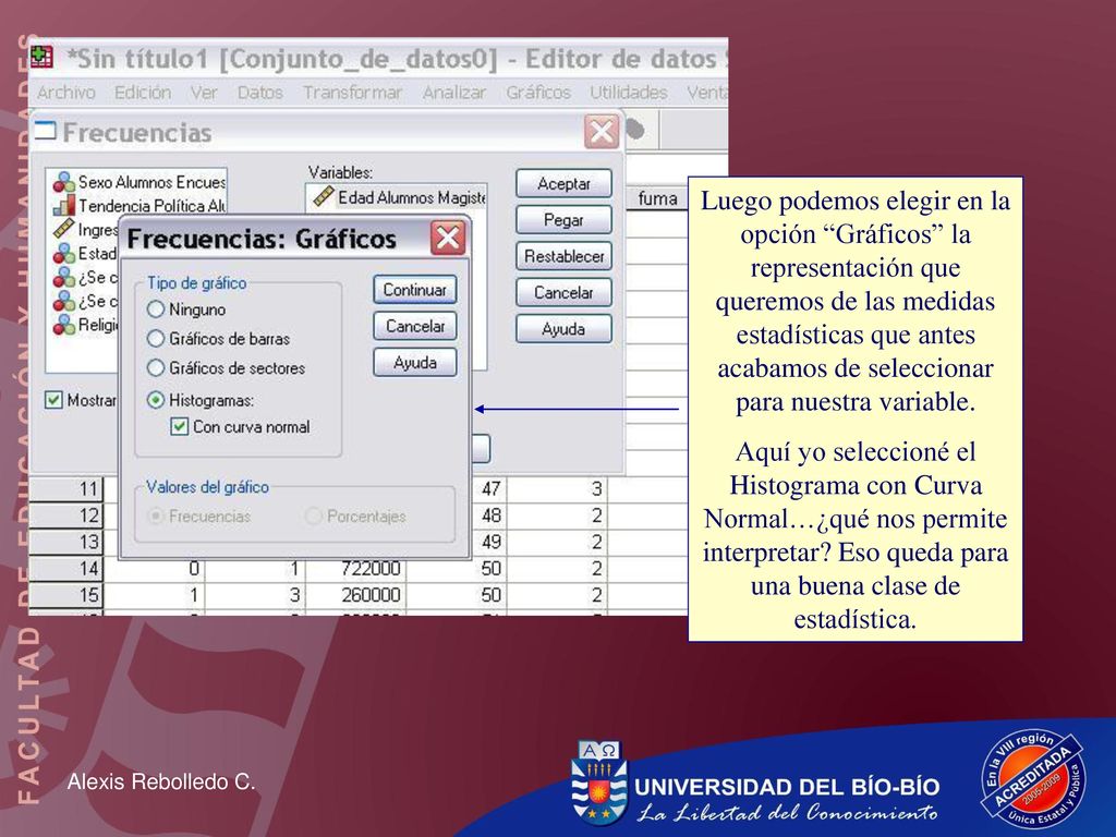 Luego podemos elegir en la opción Gráficos la representación que queremos de las medidas estadísticas que antes acabamos de seleccionar para nuestra variable.
