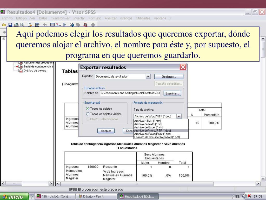 Aquí podemos elegir los resultados que queremos exportar, dónde queremos alojar el archivo, el nombre para éste y, por supuesto, el programa en que queremos guardarlo.