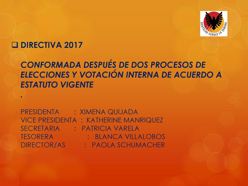 DIRECTIVA 2017 CONFORMADA DESPUÉS DE DOS PROCESOS DE ELECCIONES Y VOTACIÓN INTERNA DE ACUERDO A ESTATUTO VIGENTE .