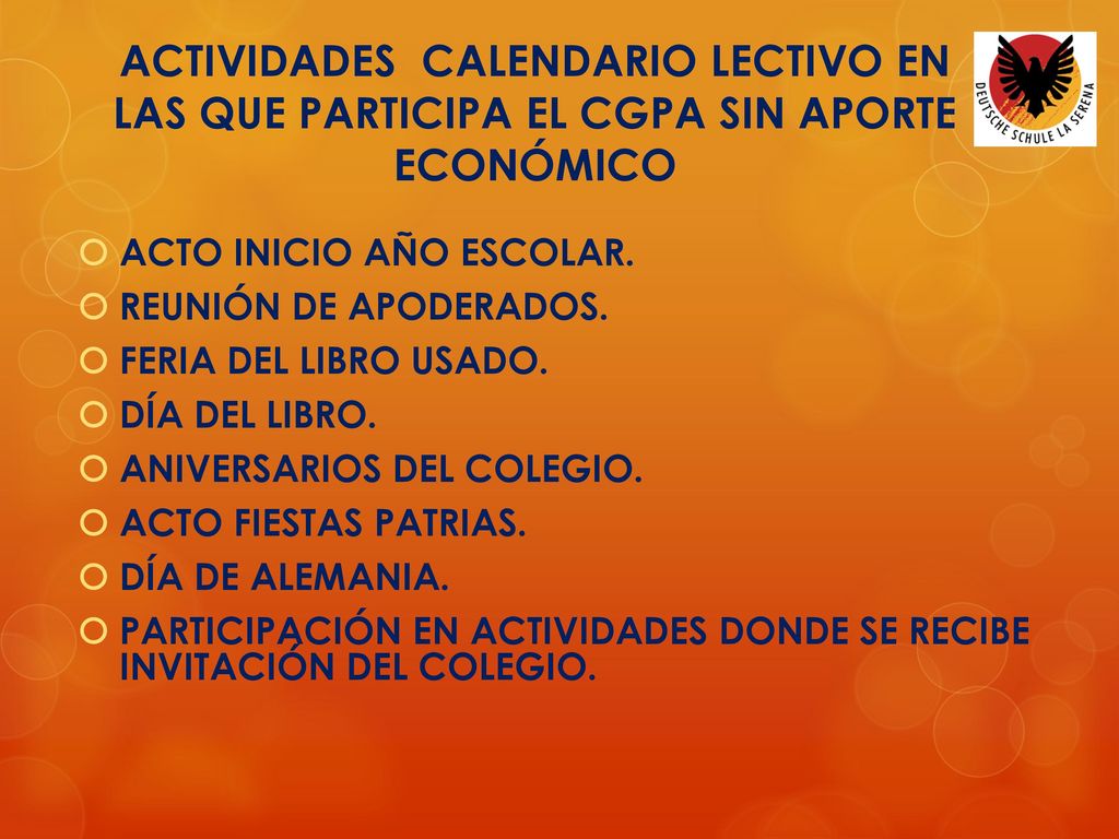 ACTIVIDADES CALENDARIO LECTIVO EN LAS QUE PARTICIPA EL CGPA SIN APORTE ECONÓMICO
