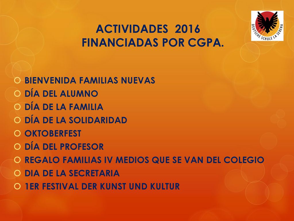 ACTIVIDADES 2016 FINANCIADAS POR CGPA.