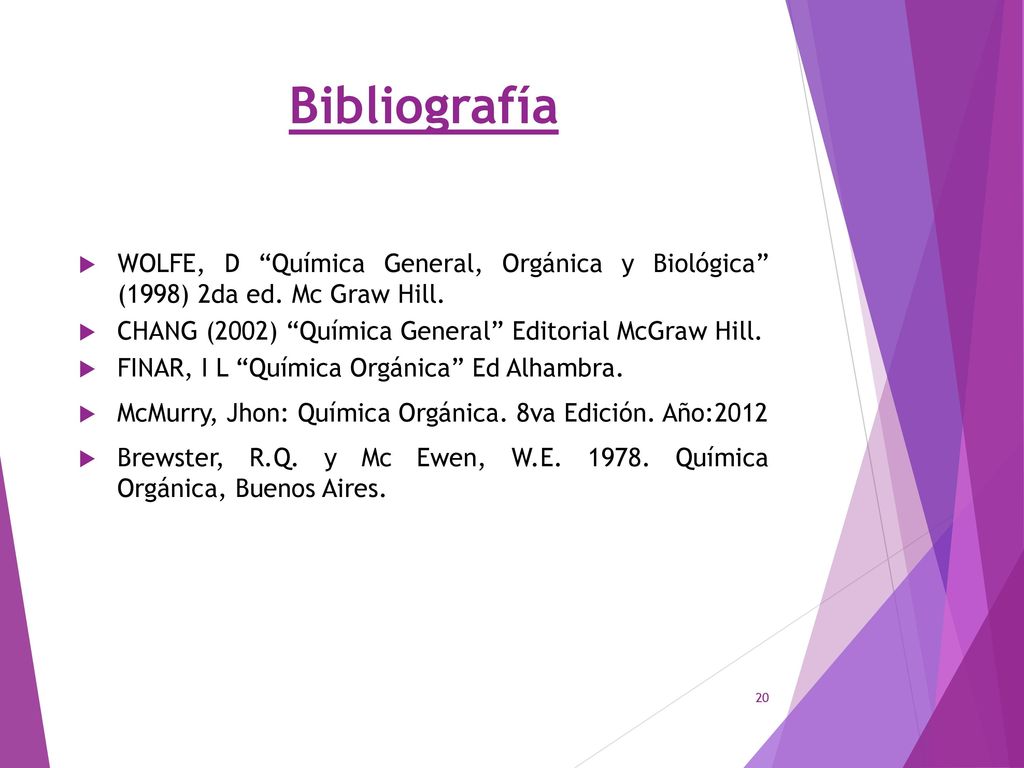 Bibliografía WOLFE, D Química General, Orgánica y Biológica (1998) 2da ed. Mc Graw Hill. CHANG (2002) Química General Editorial McGraw Hill.
