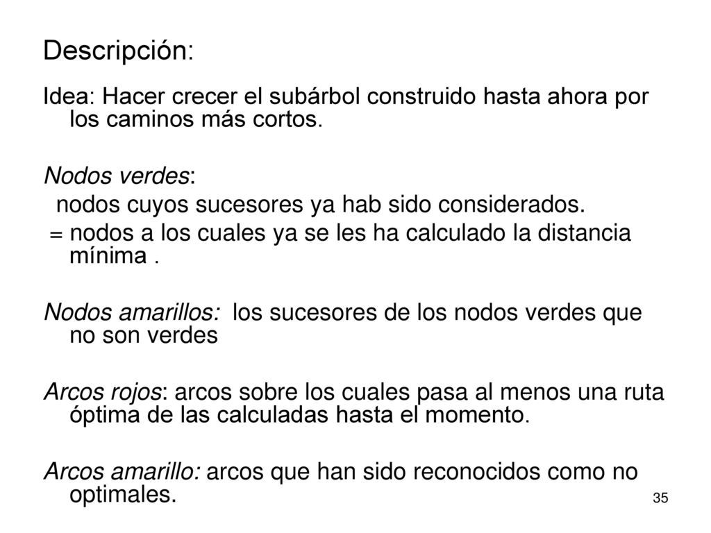Descripción: Idea: Hacer crecer el subárbol construido hasta ahora por los caminos más cortos. Nodos verdes: