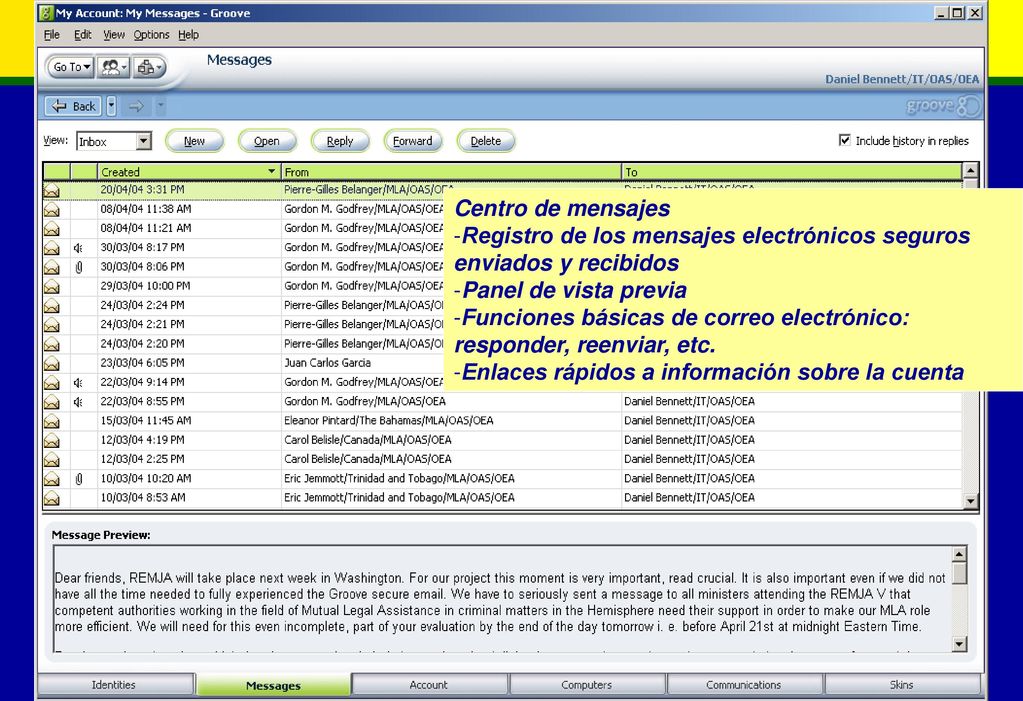 Centro de mensajes Registro de los mensajes electrónicos seguros enviados y recibidos. Panel de vista previa.