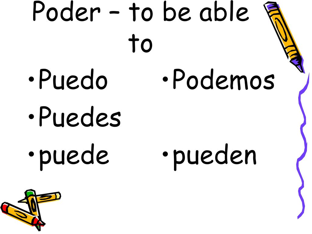 Poder – to be able to Puedo Puedes puede Podemos pueden