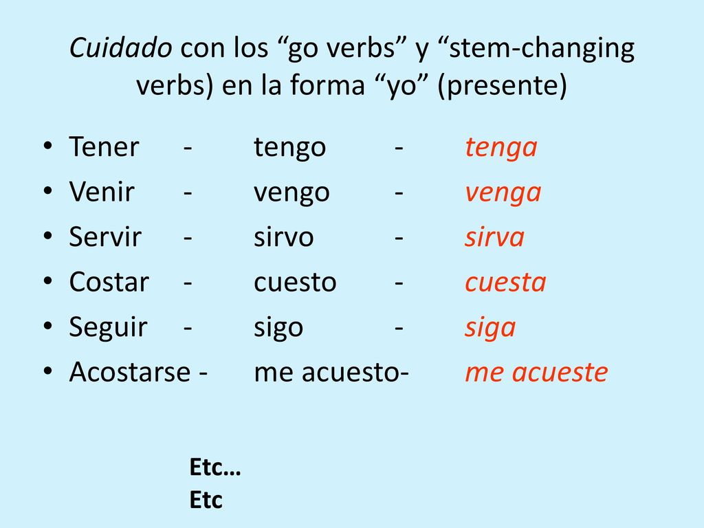 Costar - cuesto - cuesta Seguir - sigo - siga