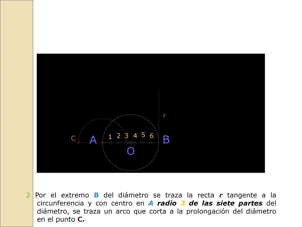 2 Por el extremo B del diámetro se traza la recta r tangente a la circunferencia y con centro en A radio 3 de las siete partes del diámetro, se traza un arco que corta a la prolongación del diámetro en el punto C.