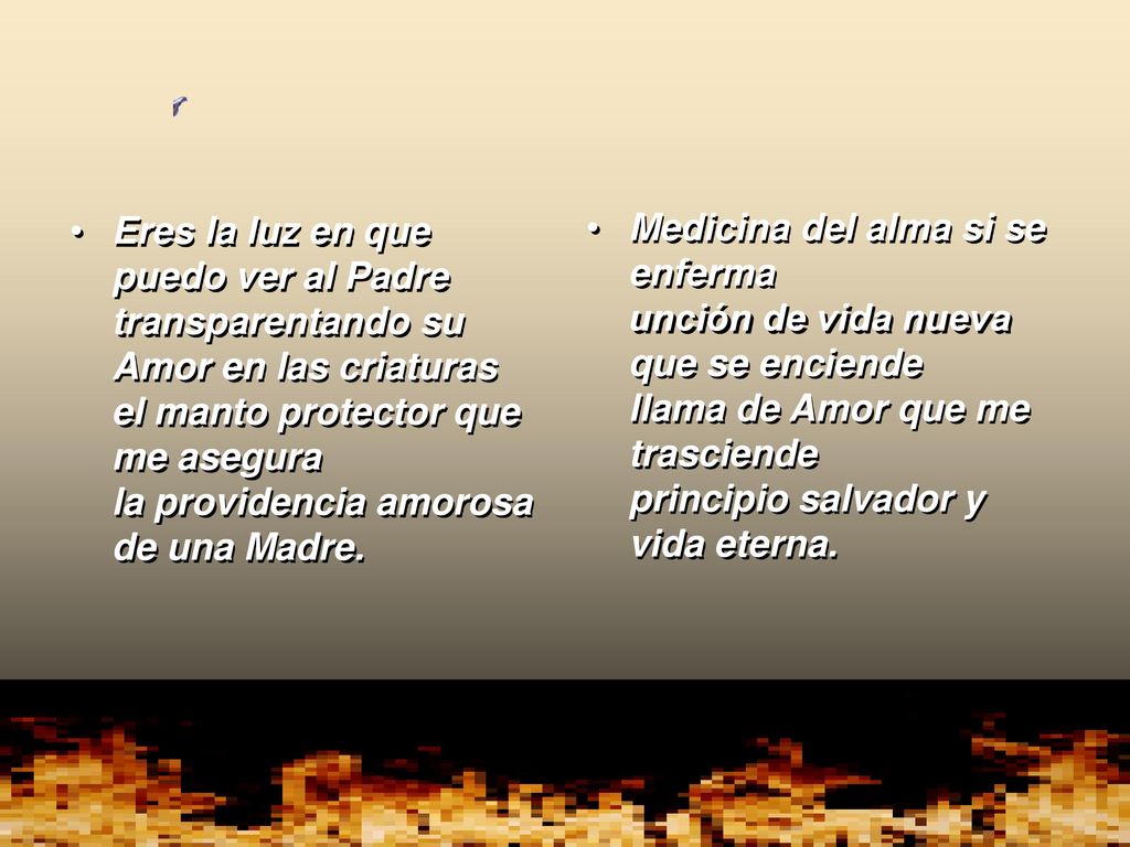 Eres la luz en que puedo ver al Padre transparentando su Amor en las criaturas el manto protector que me asegura la providencia amorosa de una Madre.
