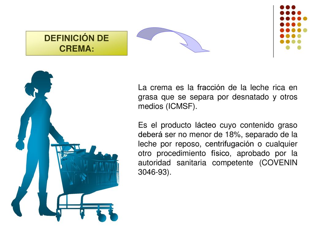 DEFINICIÓN DE CREMA: La crema es la fracción de la leche rica en grasa que se separa por desnatado y otros medios (ICMSF).