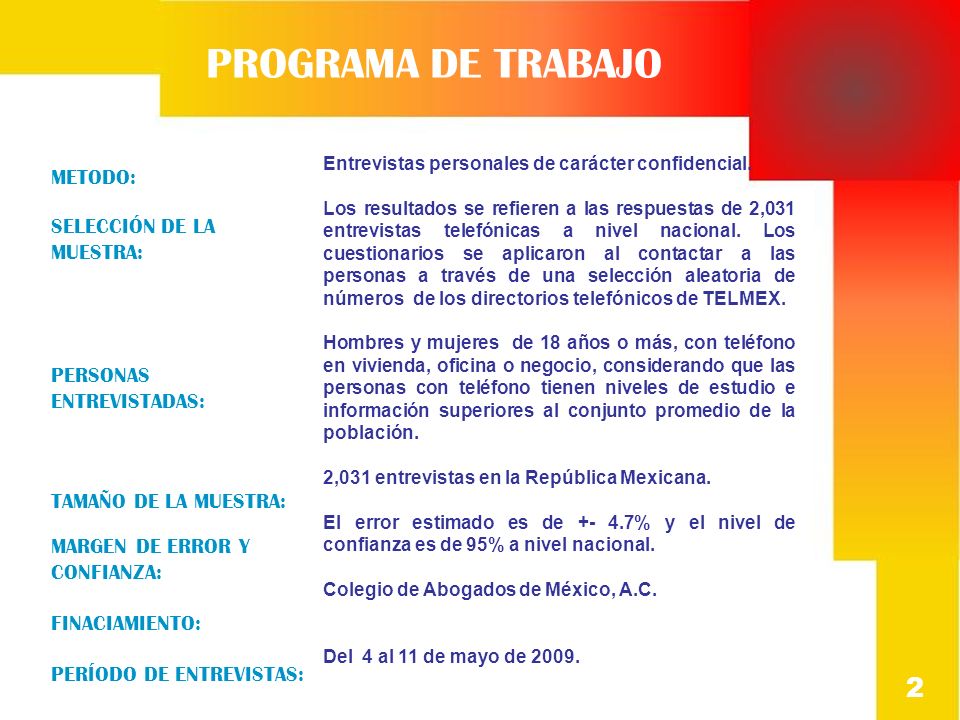 PROGRAMA DE TRABAJO 2 METODO: SELECCIÓN DE LA MUESTRA: PERSONAS