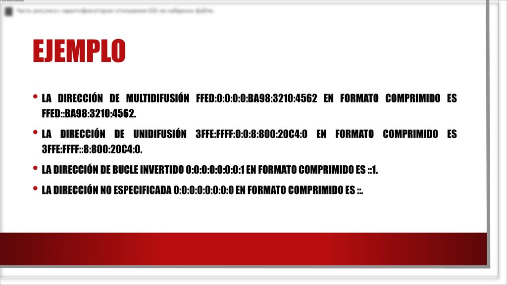Ejemplo la dirección de multidifusión FFED:0:0:0:0:BA98:3210:4562 en formato comprimido es FFED::BA98:3210:4562.