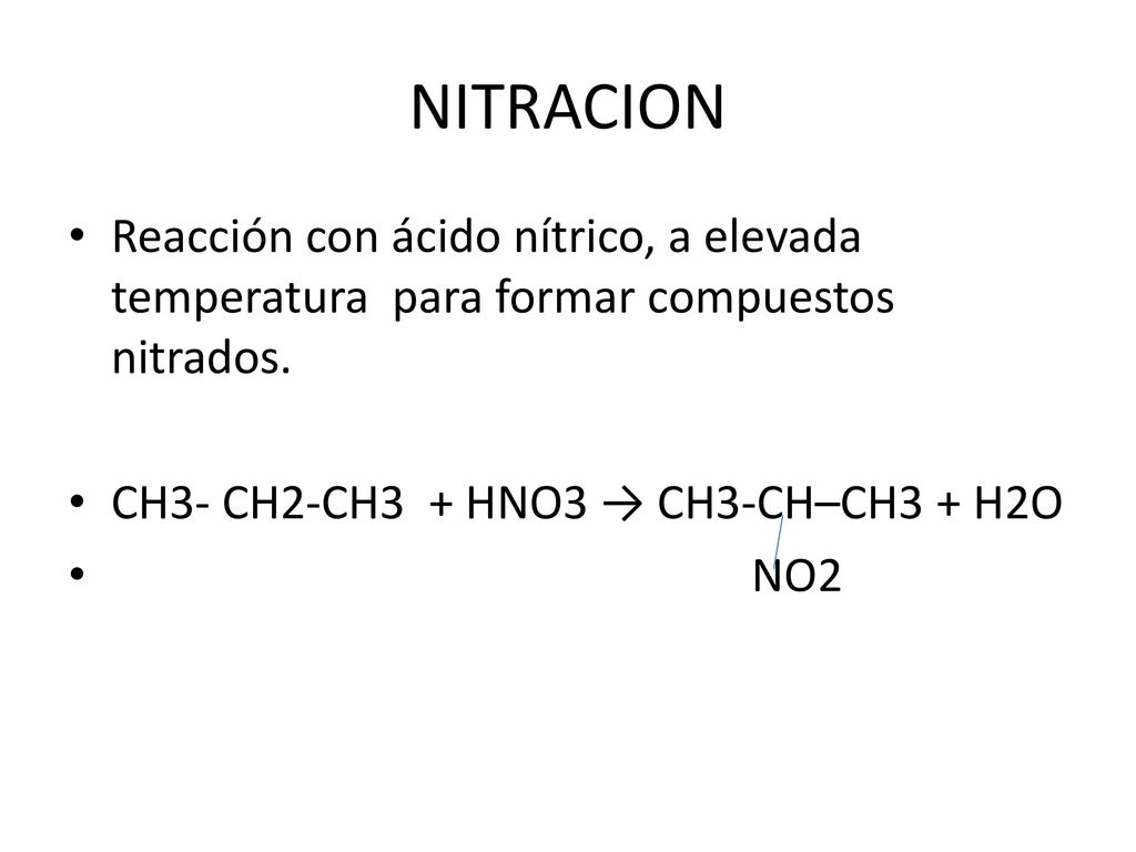 NITRACION Reacción con ácido nítrico, a elevada temperatura para formar compuestos nitrados. CH3- CH2-CH3 + HNO3 → CH3-CH–CH3 + H2O.