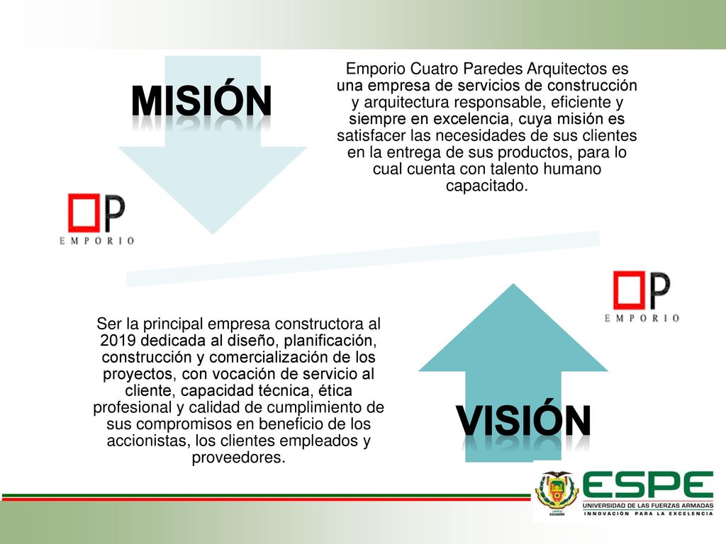 Emporio Cuatro Paredes Arquitectos es una empresa de servicios de construcción y arquitectura responsable, eficiente y siempre en excelencia, cuya misión es satisfacer las necesidades de sus clientes en la entrega de sus productos, para lo cual cuenta con talento humano capacitado.