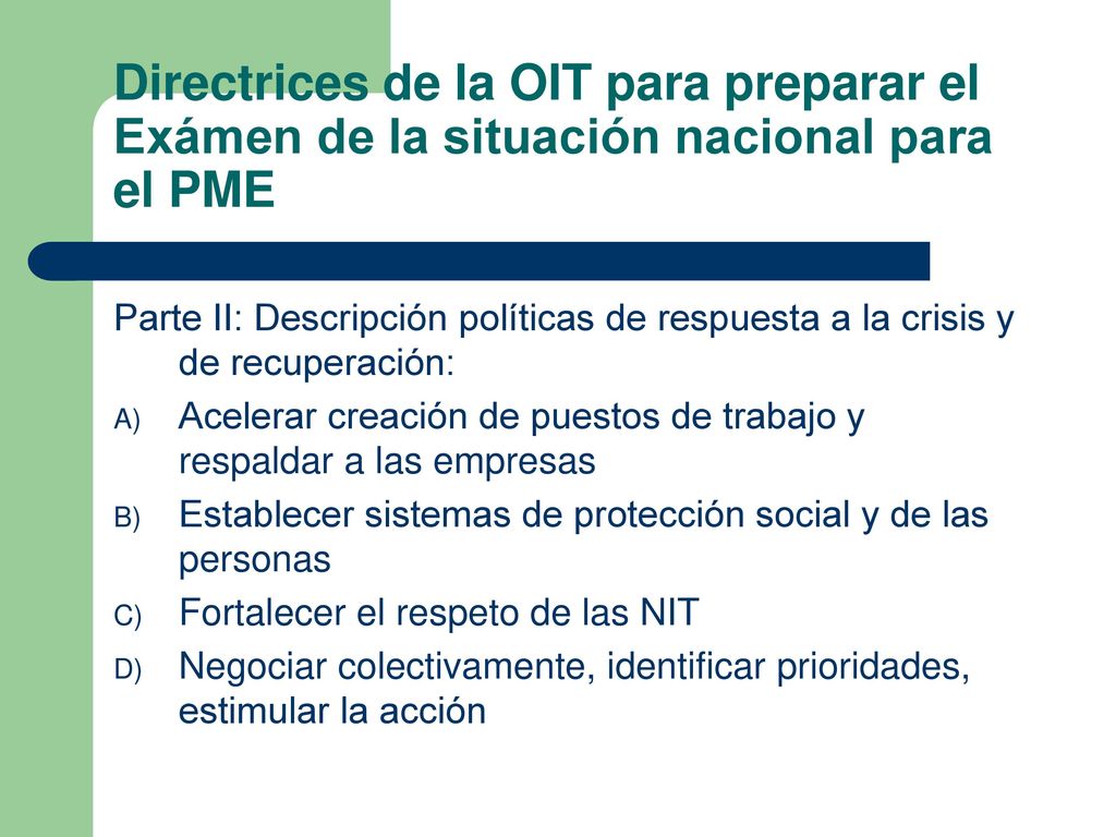 Directrices de la OIT para preparar el Exámen de la situación nacional para el PME