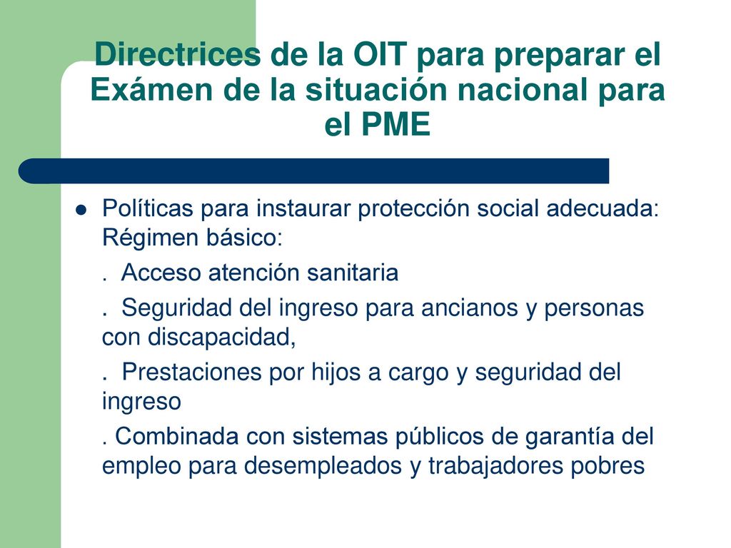 Directrices de la OIT para preparar el Exámen de la situación nacional para el PME