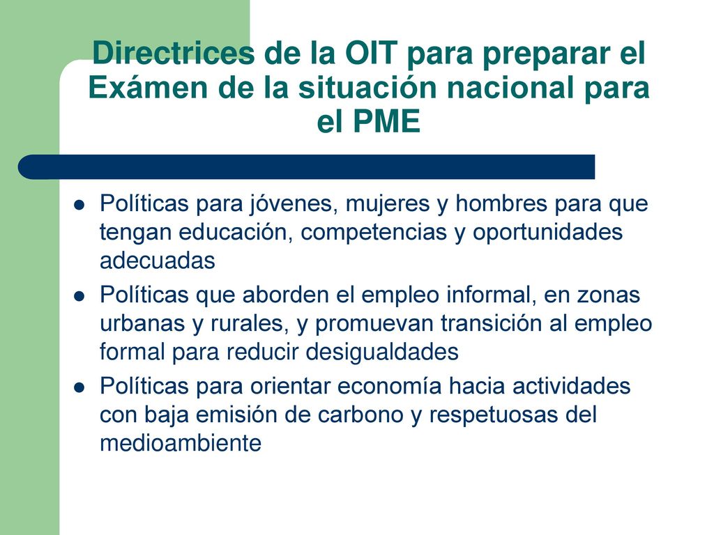 Directrices de la OIT para preparar el Exámen de la situación nacional para el PME