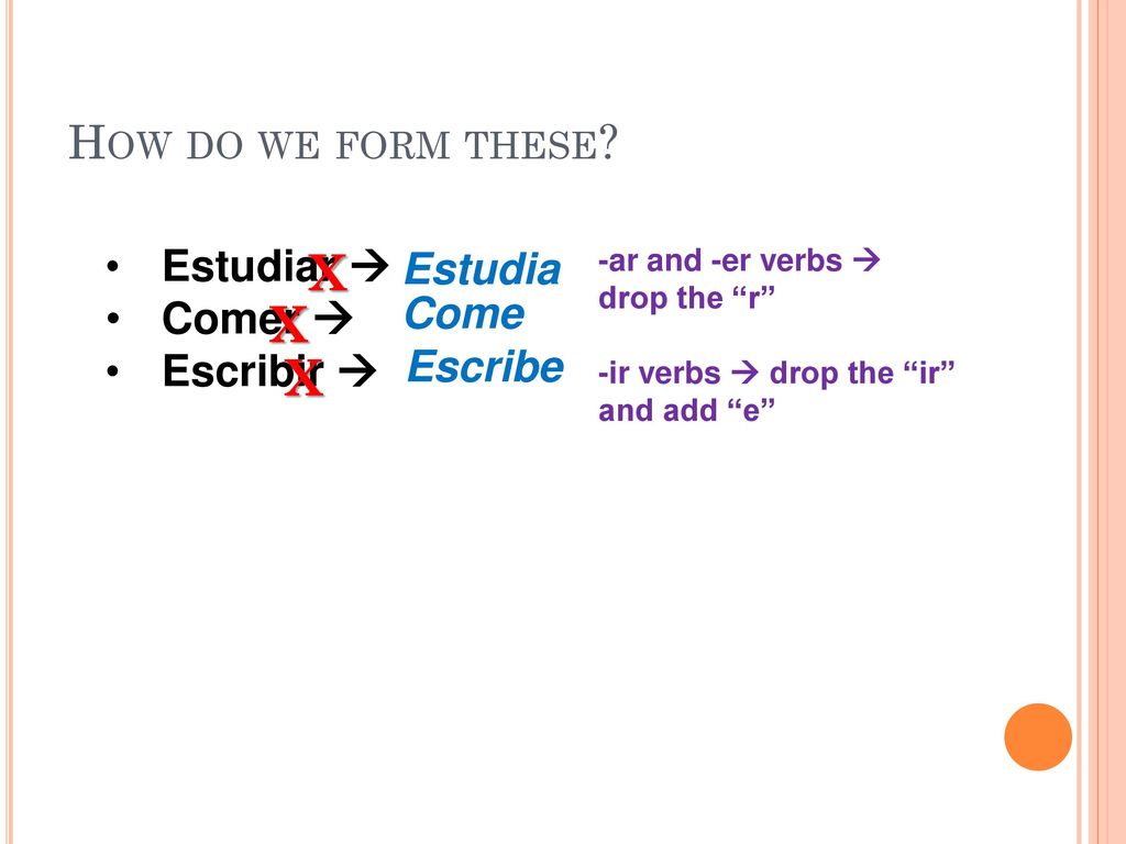 X X X How do we form these Estudiar  Comer  Escribir  Estudia Come