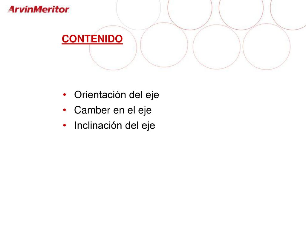 CONTENIDO Orientación del eje Camber en el eje Inclinación del eje