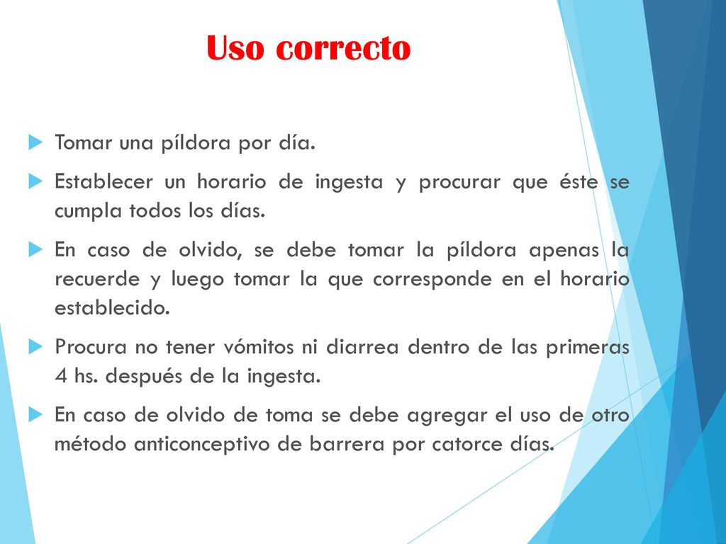 Uso correcto Tomar una píldora por día.