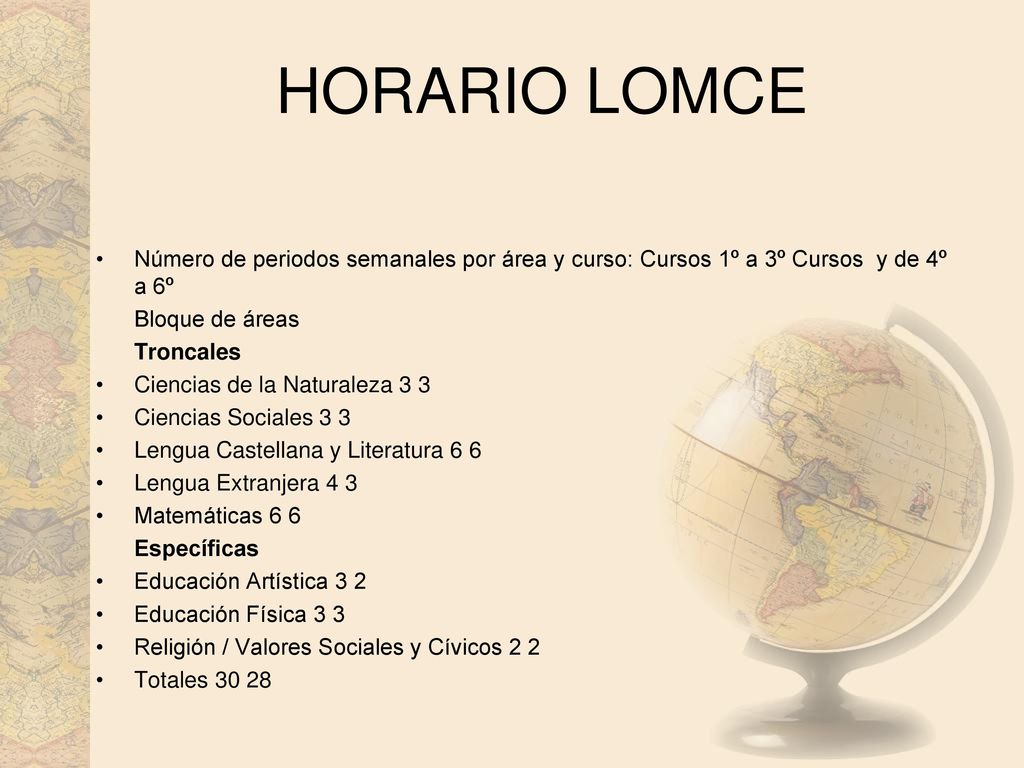 HORARIO LOMCE Número de periodos semanales por área y curso: Cursos 1º a 3º Cursos y de 4º a 6º. Bloque de áreas.