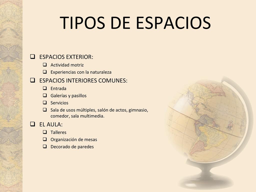TIPOS DE ESPACIOS ESPACIOS EXTERIOR: ESPACIOS INTERIORES COMUNES: