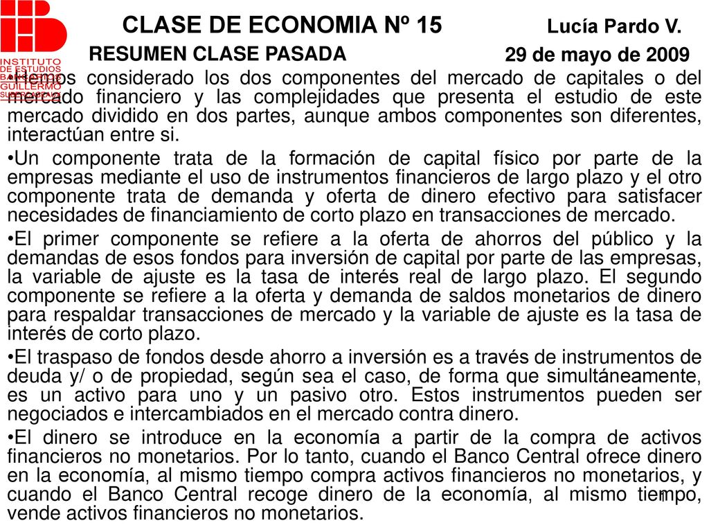 CLASE DE ECONOMIA Nº 15 Lucía Pardo V. 29 de mayo de 2009