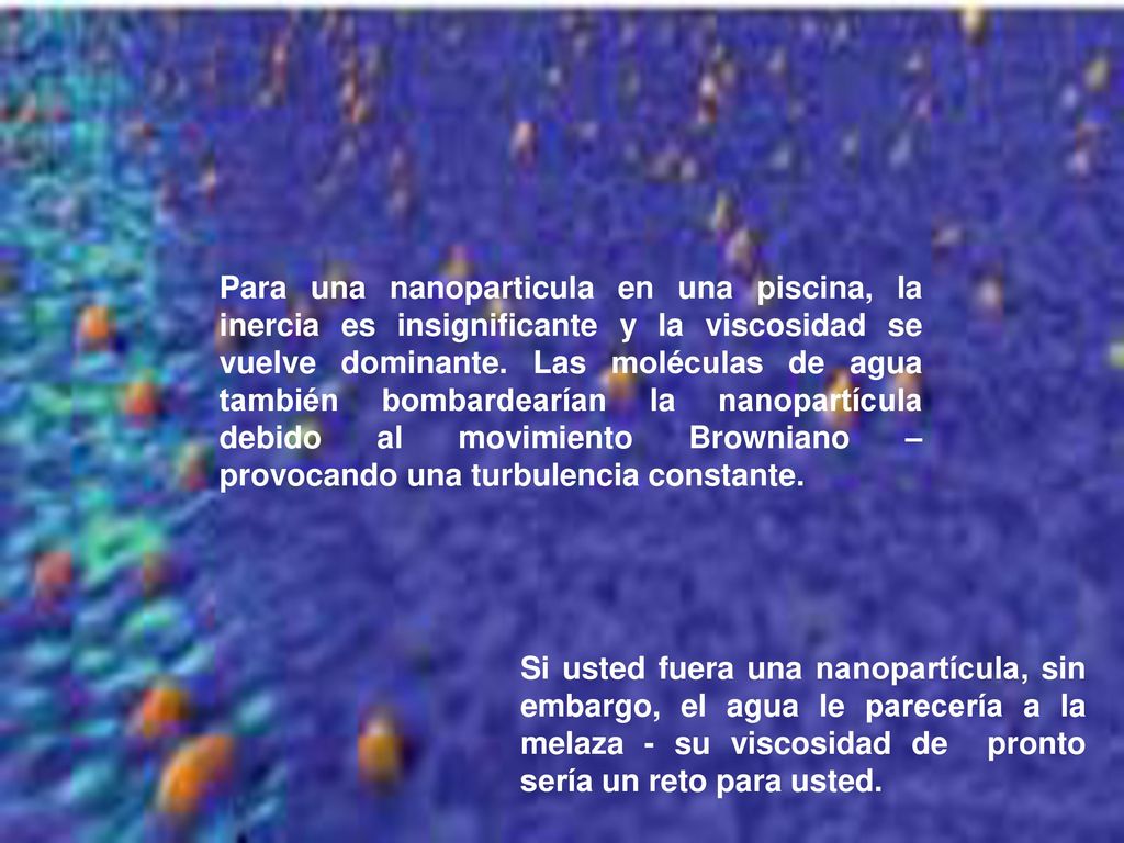 Para una nanoparticula en una piscina, la inercia es insignificante y la viscosidad se vuelve dominante. Las moléculas de agua también bombardearían la nanopartícula debido al movimiento Browniano – provocando una turbulencia constante.