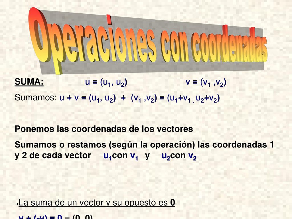 SUMA: u = (u1, u2) v = (v1 ,v2) Sumamos: u + v = (u1, u2) + (v1 ,v2) = (u1+v1 , u2+v2)