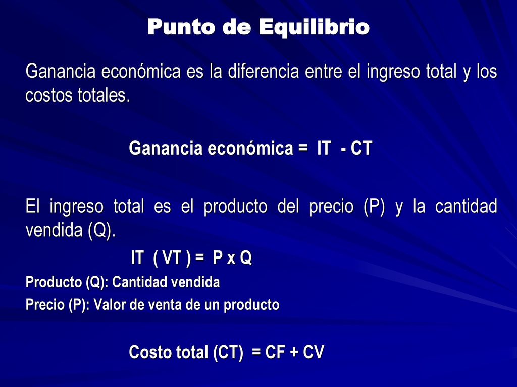 Punto de Equilibrio Ganancia económica es la diferencia entre el ingreso total y los costos totales.