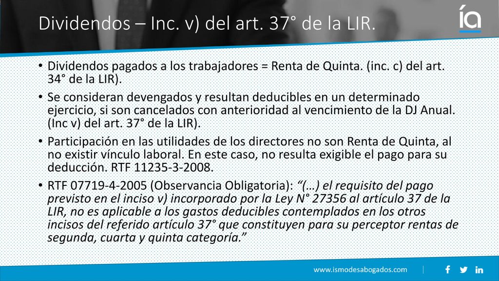 Dividendos – Inc. v) del art. 37° de la LIR.