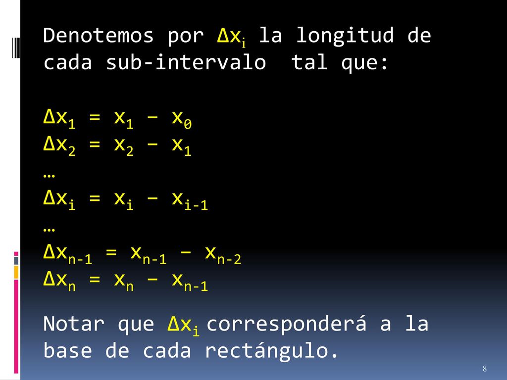 Denotemos por Δxi la longitud de cada sub-intervalo tal que: