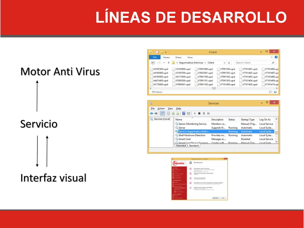 LÍNEAS DE DESARROLLO Motor Anti Virus Servicio Interfaz visual