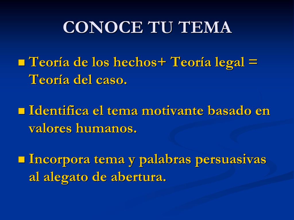 CONOCE TU TEMA Teoría de los hechos+ Teoría legal = Teoría del caso.