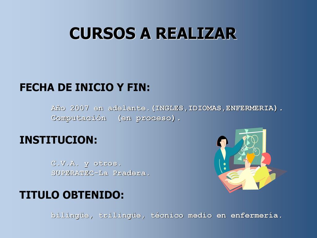 CURSOS A REALIZAR FECHA DE INICIO Y FIN: INSTITUCION: TITULO OBTENIDO: