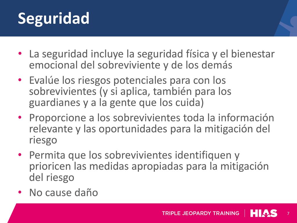 Seguridad La seguridad incluye la seguridad física y el bienestar emocional del sobreviviente y de los demás.