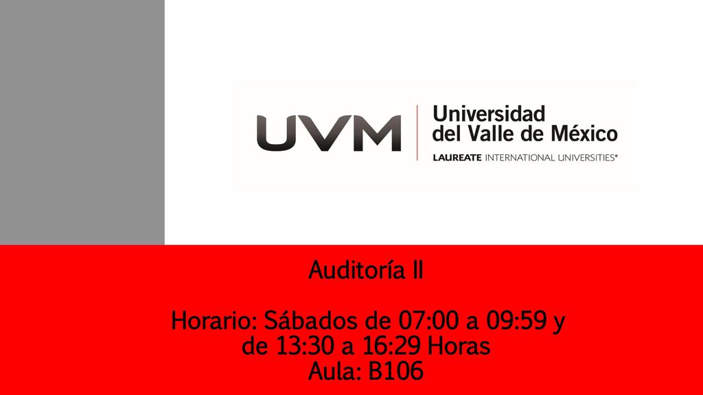 Auditoría II Horario: Sábados de 07:00 a 09:59 y de 13:30 a 16:29 Horas Aula: B106
