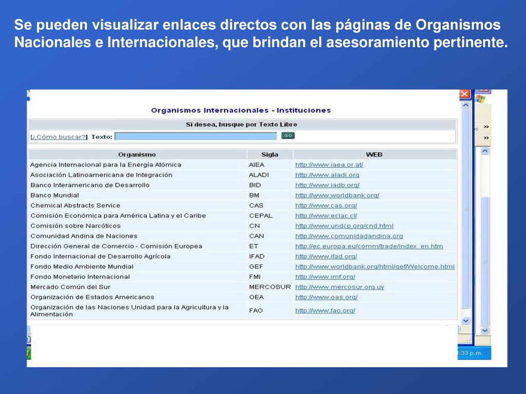 Se pueden visualizar enlaces directos con las páginas de Organismos Nacionales e Internacionales, que brindan el asesoramiento pertinente.